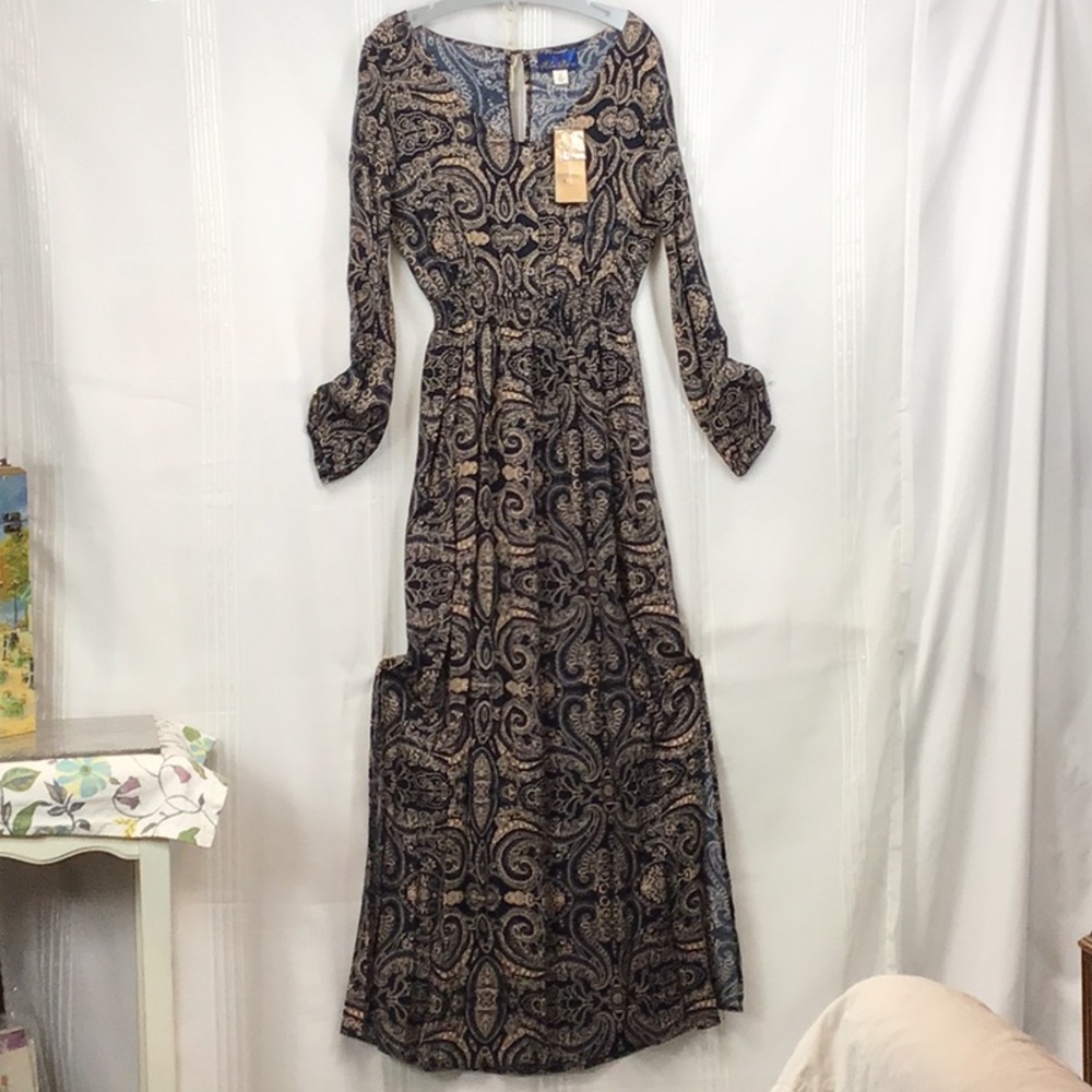 🆕 Francesca’s Black Tan Paisley Lightweight Split Hem Sz.L Maxi Dress - Picture 10 of 10